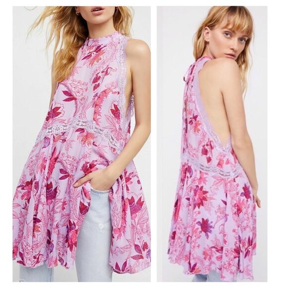 Free People She Moves Purple Floral Lace Swing Racer Back Slip Mini Dress XS - Picture 1 of 14